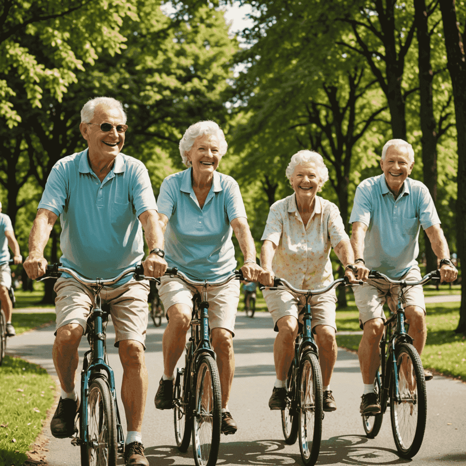 Grupa seniorów jeżdżących na rowerach w parku, uśmiechniętych i cieszących się słonecznym dniem