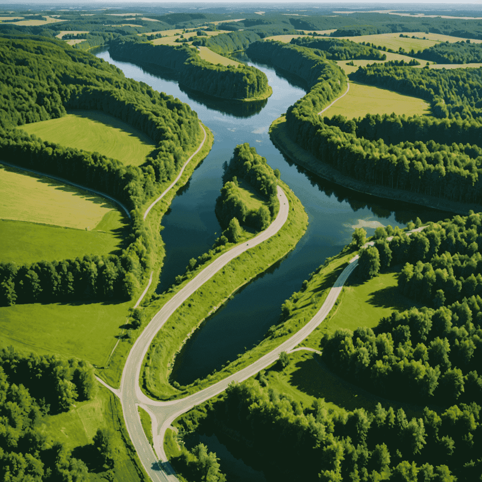 Panoramiczny widok na malowniczą trasę rowerową w Polsce, ukazujący zielone wzgórza, jezioro i ścieżkę wijącą się przez las