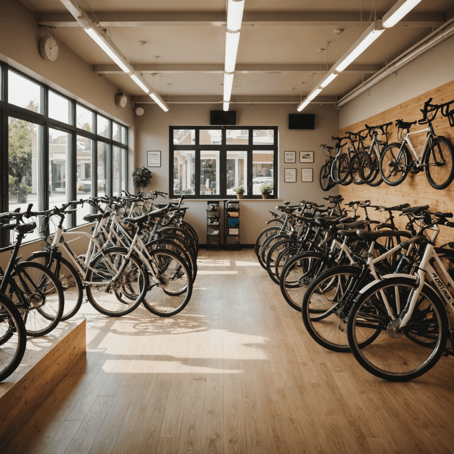 Wnętrze wypożyczalni rowerów z różnymi modelami rowerów