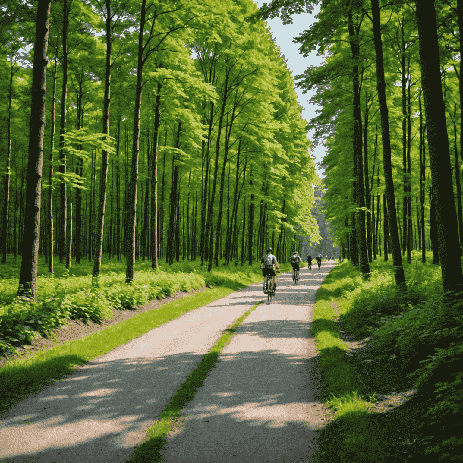 Panoramiczny widok na ścieżkę rowerową wiodącą przez zielony las w Kampinoskim Parku Narodowym. W oddali widać grupę rowerzystów.