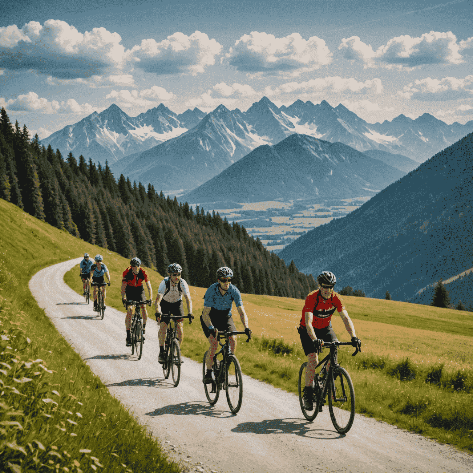 Grupa rowerzystów na ścieżce Velo Małopolska, z widokiem na Tatry w tle