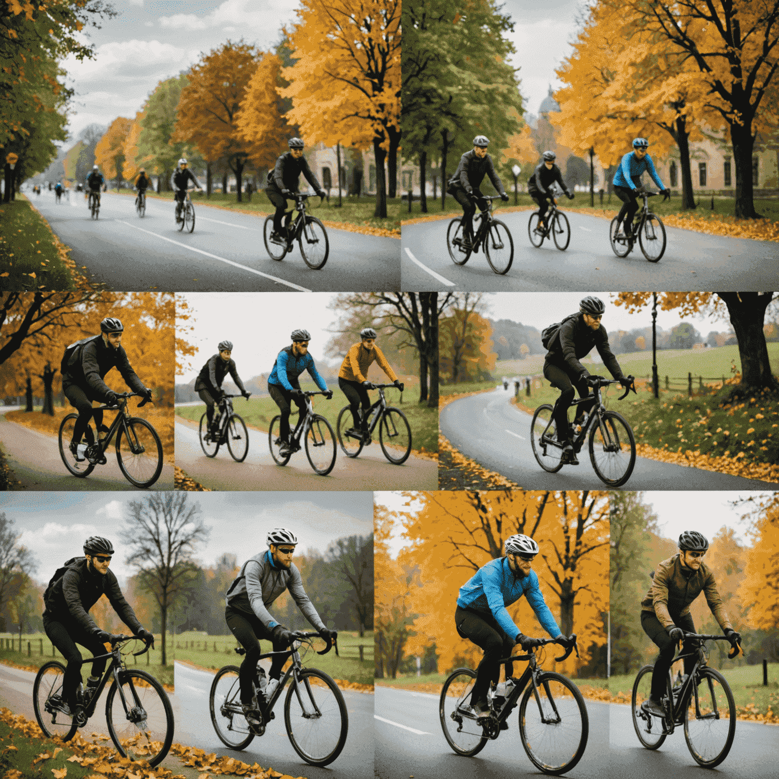 Kolaż przedstawiający rowerzystów w różnych porach roku