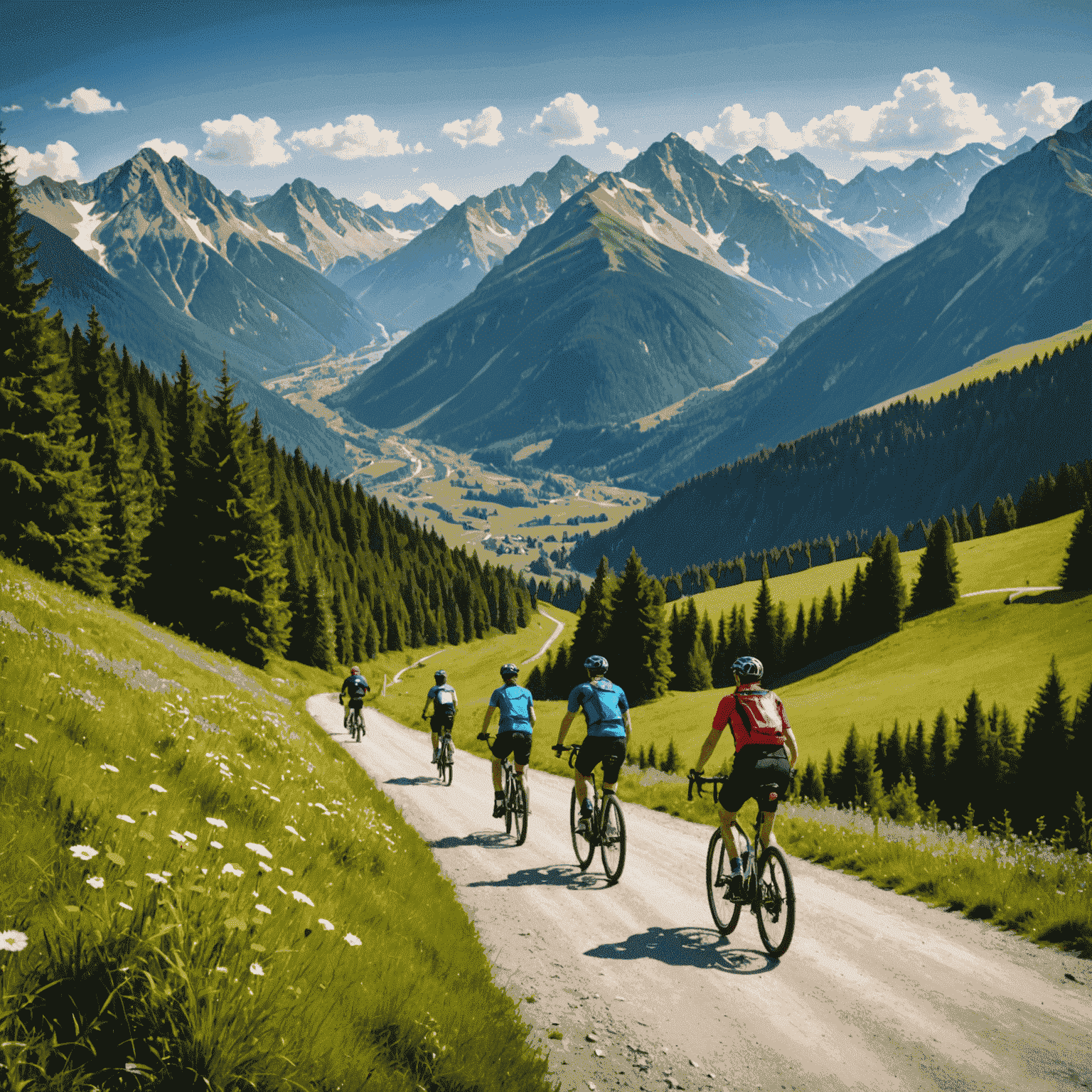 Rowerzyści podziwiający panoramę Tatr z trasy rowerowej, otoczeni alpejskimi łąkami