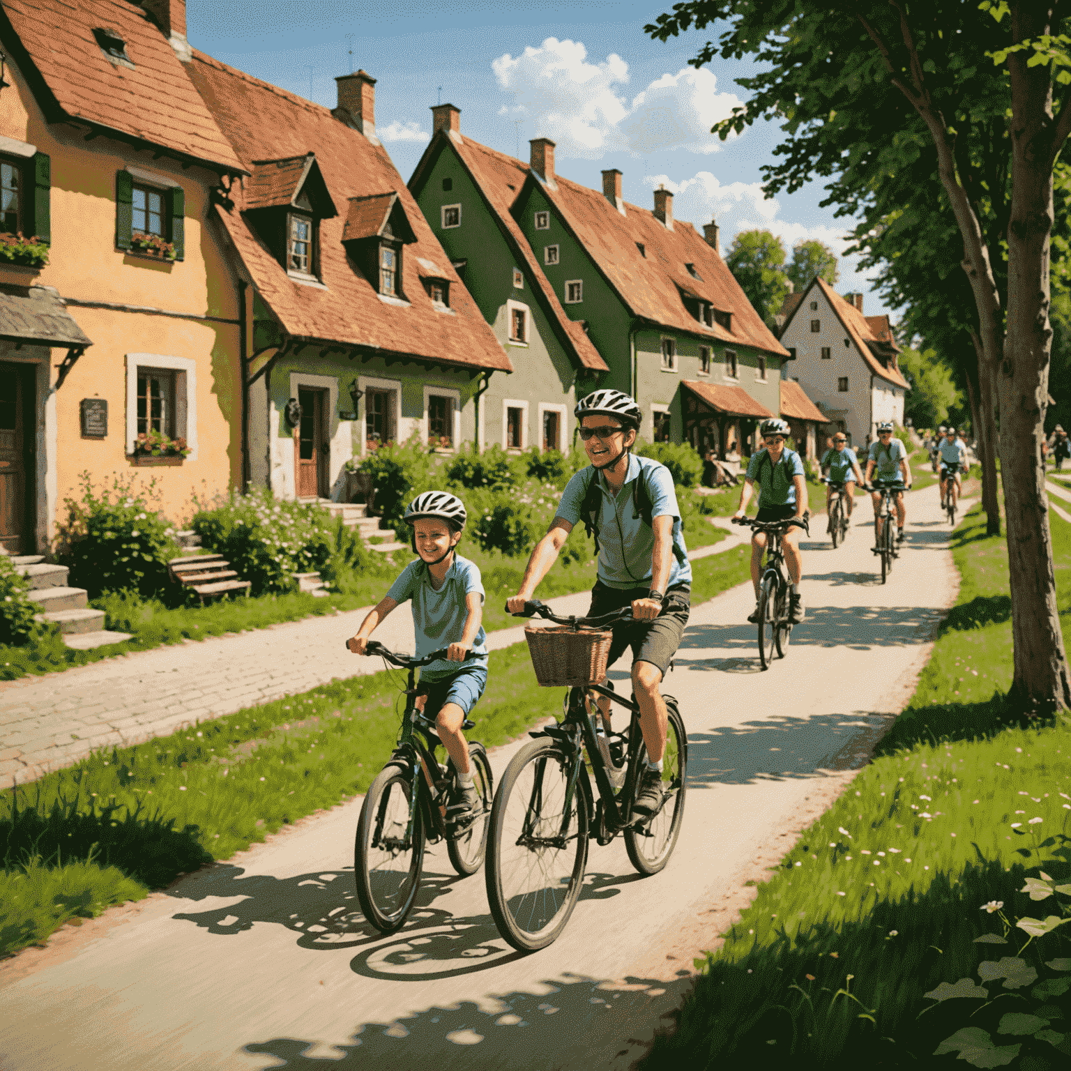 Rodzina na rowerach na zielonej ścieżce Greenways, przejeżdżająca obok tradycyjnej polskiej wsi