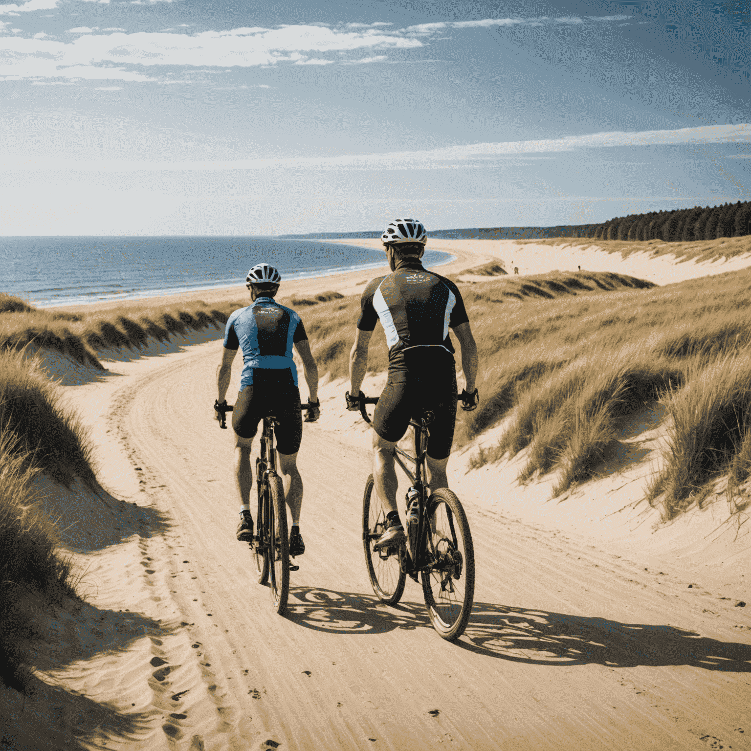 Rowerzyści jadący wzdłuż plaży Bałtyku, z widokiem na morze i wydmy